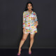 Sunshine Beach Random Printed Long Sleeve Shirt Shorts Set Two Piece Set with 3 Pockets