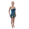 Tight waist, height adjustable, elastic, washed denim, strapless, one shoulder jumpsuit