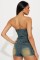 Tight waist, height adjustable, elastic, washed denim, strapless, one shoulder jumpsuit