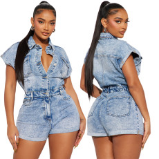 High stretch short sleeved slim fit denim jumpsuit