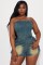 Tight waist, height adjustable, elastic, washed denim, strapless, one shoulder jumpsuit
