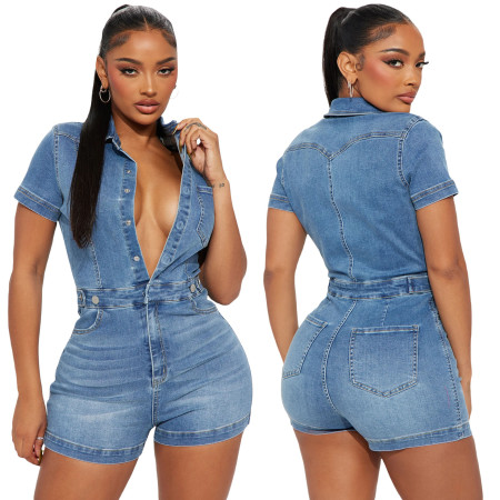 High stretch short sleeved slim fit denim jumpsuit