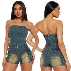 Tight waist, height adjustable, elastic, washed denim, strapless, one shoulder jumpsuit