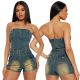 Tight waist, height adjustable, elastic, washed denim, strapless, one shoulder jumpsuit