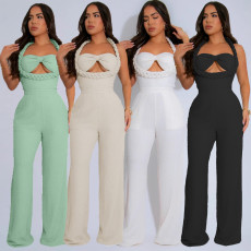 High waisted design woven style suspender sleeveless loose straight tube jumpsuit
