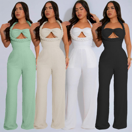 High waisted design woven style suspender sleeveless loose straight tube jumpsuit