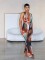 New oil painting style women's sexy backless hanging neck deep V jumpsuit
