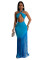Women's hollow out design sleeveless hanging neck tight fringe jumpsuit long skirt