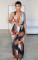 New oil painting style women's sexy backless hanging neck deep V jumpsuit