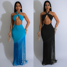 Women's hollow out design sleeveless hanging neck tight fringe jumpsuit long skirt