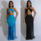 Women's hollow out design sleeveless hanging neck tight fringe jumpsuit long skirt