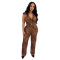 Button neck top elastic waist pants leopard print two-piece set