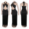 Women's hollow out design sleeveless hanging neck tight fringe jumpsuit long skirt