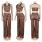 Button neck top elastic waist pants leopard print two-piece set
