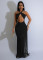 Women's hollow out design sleeveless hanging neck tight fringe jumpsuit long skirt