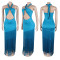 Women's hollow out design sleeveless hanging neck tight fringe jumpsuit long skirt