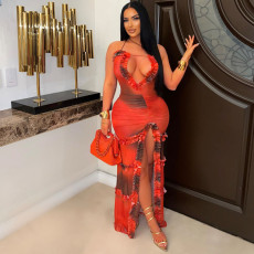 New style suspender hollow pleated lace slit dress