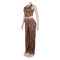 Button neck top elastic waist pants leopard print two-piece set