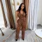 Button neck top elastic waist pants leopard print two-piece set