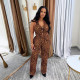 Button neck top elastic waist pants leopard print two-piece set