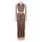 Button neck top elastic waist pants leopard print two-piece set