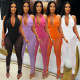 Women's two-piece set, deep V-neck sleeveless tight vest, pocket mesh pants, workwear style set