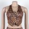 Button neck top elastic waist pants leopard print two-piece set