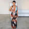 New oil painting style women's sexy backless hanging neck deep V jumpsuit