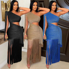 2025 New Asymmetric One Shoulder Tassel Long Dress