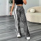 Leopard print high waisted straight leg pants for women, casual and loose, side striped patchwork versatile pants