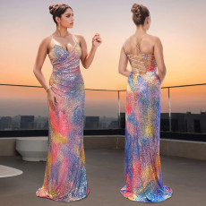 Fashionable women's sexy suspender sequin slim fit arm hugging dress
