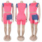 Women's denim patchwork design short sleeved top shorts set two-piece set