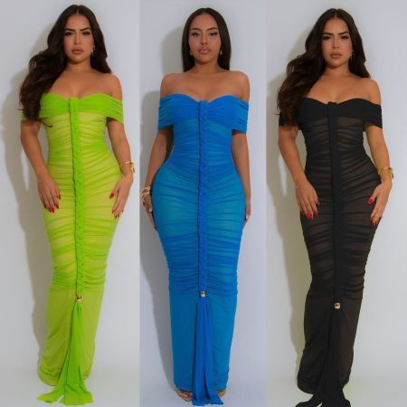 Women's fashionable and sexy pleated mesh ultra long dress