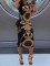 Women's casual fashion luxury gold print elegant slim fit mid length dress