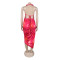 Deep V-neck bead hanging neck sexy high slit printed pattern silk texture dress