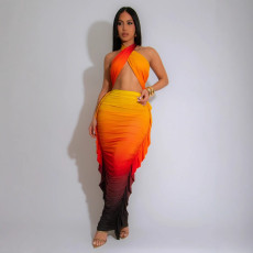 Women's fashion gradient print set with exposed navel folds, two-piece set