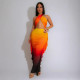 Women's fashion gradient print set with exposed navel folds, two-piece set