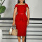 Short sleeved square neck solid color high waisted ruffled edge hip hugging OL pencil skirt