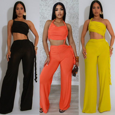 Women's fashion neck hanging, strapless, pleated, tied rope wide leg jumpsuit
