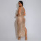 Fashion trend sequin deep V hanging neck bag hip skirt new sexy slim fit micro revealing back long skirt for women