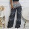Women's clothing source for spring and summer new styles, women's fashionable and casual multi pocket gradient denim wide leg pants