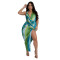 Deep V-neck bead hanging neck sexy high slit printed pattern silk texture dress