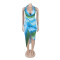 Deep V-neck bead hanging neck sexy high slit printed pattern silk texture dress