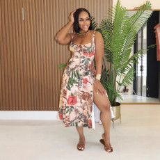 Women's sexy slit skirt elegant printed suspender dress