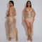Fashion trend sequin deep V hanging neck bag hip skirt new sexy slim fit micro revealing back long skirt for women