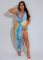 Deep V-neck bead hanging neck sexy high slit printed pattern silk texture dress