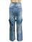 Fashionable classic embroidery retro artistic blue high waisted wide leg denim pants