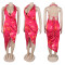 Deep V-neck bead hanging neck sexy high slit printed pattern silk texture dress