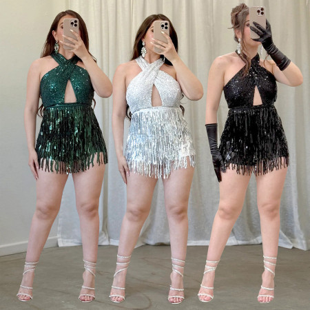 Sexy lace up sleeveless jumpsuit with sequins and tassels, short and slim fit pearl pants