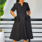 New fashionable V-neck three-dimensional flower short sleeved waist cinched A-line skirt